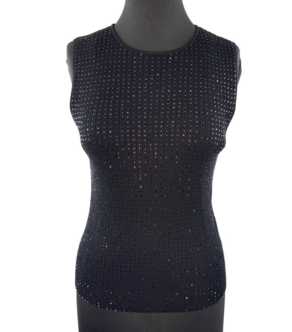 VTG Laundry Black Tank Top Silk Cashmere Beaded Ribbed Knit Sz L Large Y2K